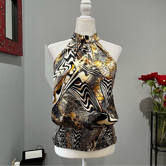 NEW Cache Metallic Shimmer Disco Queen Sleeveless Halter Tie Neck Smocked Top XS - Picture 1 of 16